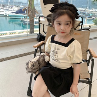 ชุดเสื้อท็อปกระโปรงสั้น ลําลอง ใส่สบาย สไตล์เกาหลี เหมาะกับฤดูร้อน สําหรับเด็กผู้หญิง มี 2 ชิ้น