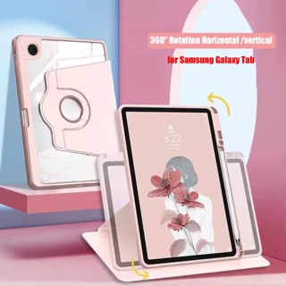 เคสอะคริลิคใส PU หมุนได้ 360 องศา พร้อมช่องใส่ปากกา สําหรับ Samsung Galaxy Tab A8 X205 X200 10.5 2021 S8 S7 11 นิ้ว S6 Lite 10.4 นิ้ว