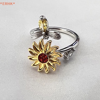 Erhk&gt; แหวนทองแดง รูปดอกทานตะวัน ผึ้ง แบบเปิด ปรับได้ คลายเครียด หมุนได้ ประดับเพทาย เครื่องประดับแฟชั่น สําหรับผู้หญิง