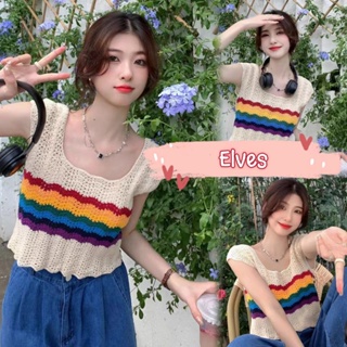 Elves✨พร้อมส่ง✨ เสื้อกล้ามคอเหลี่ยม ผ้าถักไหมพรม สีรุ้งลายทาง มี2สี ~C632~ -C