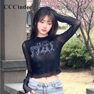 Cccindee เสื้อยืดลําลอง คอกลม แขนซีทรู ผ้าตาข่าย สไตล์เรโทร แฟชั่นใหม่ สําหรับสตรี 2023