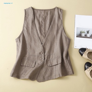 Angeyong เสื้อกั๊ก คอวี ผ้าลินิน น้ําหนักเบา ใส่สบาย เหมาะกับฤดูร้อน สําหรับผู้หญิง
