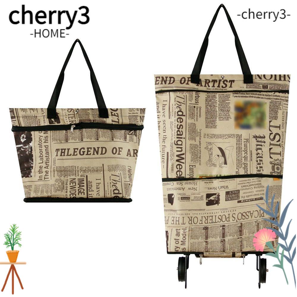cherry3-กระเป๋าช้อปปิ้ง-ผ้าซาติน-พิมพ์ลายหนังสือพิมพ์-พับได้-พร้อมล้อเลื่อน-สไตล์เรโทร-สําหรับผู้หญิง