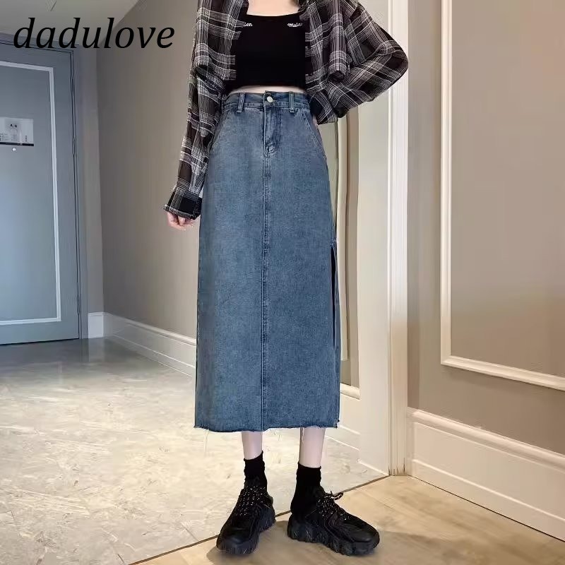 dadulove-new-american-ins-high-street-retro-slit-denim-skirt-niche-high-waist-a-line-skirt-bag-hip-skirt