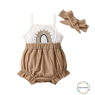 Babyclothes- ชุดรอมเปอร์ จั๊มสูท บอดี้สูท แขนกุด ปักลายสายสปาเก็ตตี้ สีรุ้ง พร้อมที่คาดผม สําหรับเด็กทารกผู้หญิง