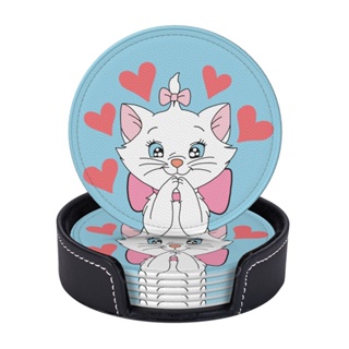 Disney Marie Cat ที่รองแก้วหนัง ทรงกลม กันเปื้อน ป้องกันน้ําร้อนลวก สําหรับร้านอาหาร ห้องครัว สํานักงาน และอื่น ๆ 6 ชิ้น