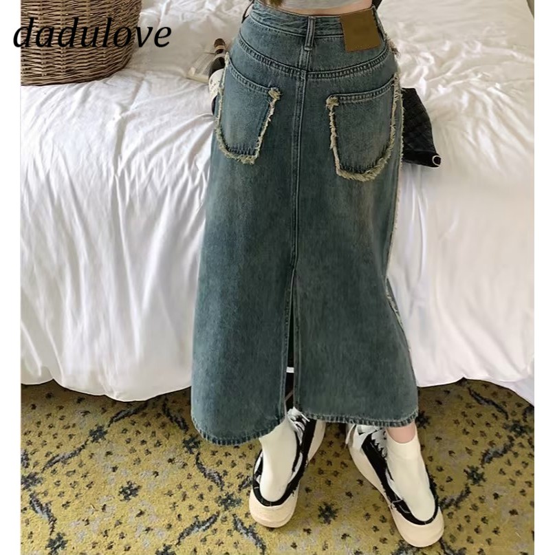 dadulove-new-american-ins-high-street-retro-denim-skirt-niche-high-waist-a-line-skirt-large-size-bag-hip-skirt