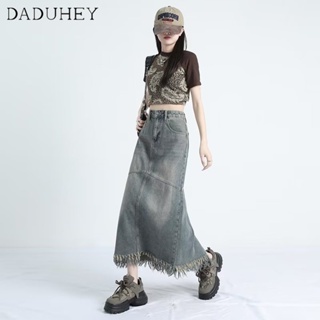 DaDuHey🎈 New Korean Version of Retro Denim Skirt Raw Edge High Waist Loose A- line Skirt Large Size Mid-length Skirt