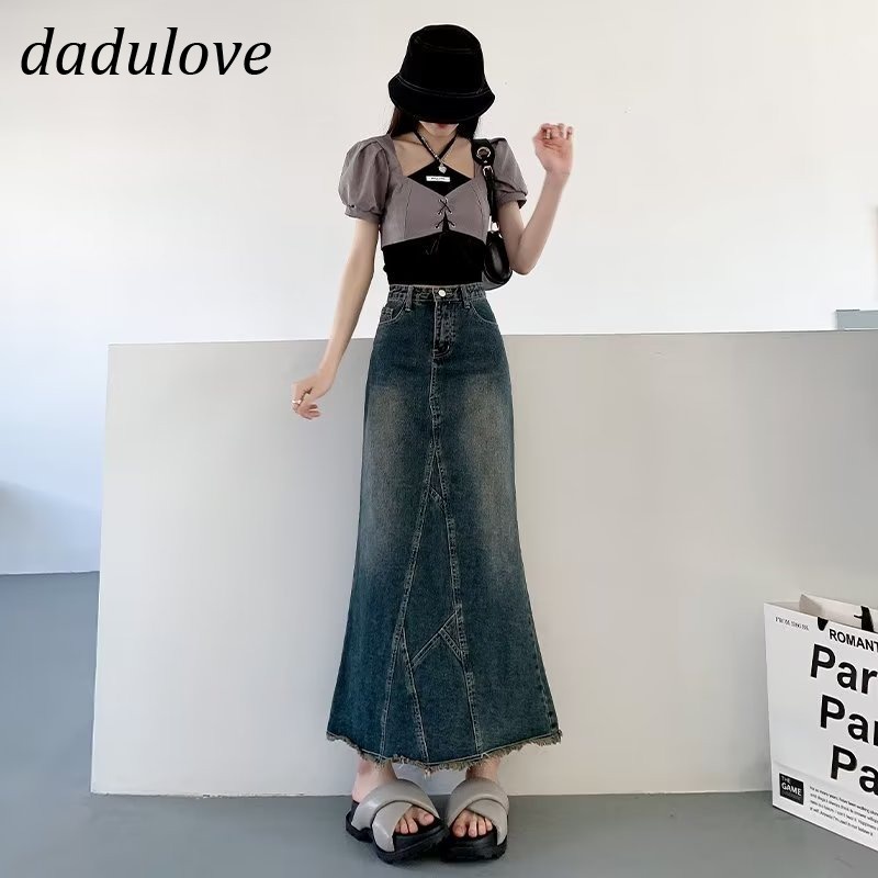 dadulove-new-korean-version-of-ins-high-waist-denim-skirt-raw-edge-slit-a-word-skirt-large-size-package-hip-skirt
