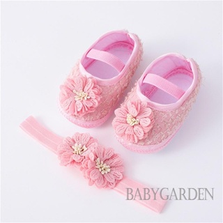 Babygarden- รองเท้าส้นเตี้ยเด็กผู้หญิง พื้นนิ่ม ดอกไม้ ยางยืด รองเท้ากันลื่น พร้อมที่คาดผม