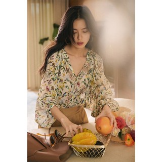 MAเสื้อเชิ้ตแขนสามส่วน แบบบาง ลายดอกไม้ หิมะ ขนาดเล็ก เก๋ไก๋ เหมาะกับฤดูร้อน สไตล์ฝรั่งเศส เหมาะกับฤดูใบไม้ร่วง สําหรับผู้หญิง 5S3V