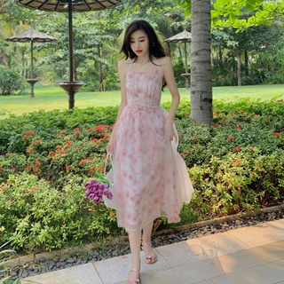 [High-end] ชุดเดรส ผ้าชีฟอง คล้องคอ ลายดอกกุหลาบ สีชมพู แฟชั่นฤดูใบไม้ผลิ ฤดูร้อน