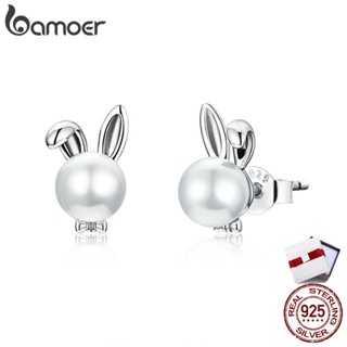 bamoer 925 Sterling Silver Cute bunny Earrings for Women Wedding Engagement Ear shell pearl Hypoallergenic Brincos BSE463