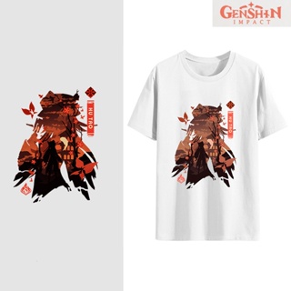 เสื้อยืดคอกลม Genshin Impact Xiao/ZhongLi/HuTao อนิเมะเสื้อขาวเสื้อยืด ความประทับใจ Unisex เสื้อยืดลายญี่ปุ่นผู้ชาย