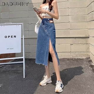 DaDuHey🎈 Women New Korean Style Ins Thin Section Slit Denim Skirt Niche High Waist A- line Skirt Bag Hip Skirt