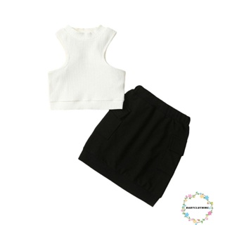 Babyclothes- ชุดเสื้อแขนกุด สองชิ้น สีพื้น และกระโปรง ยืดหยุ่น สําหรับเด็กผู้หญิง วัยหัดเดิน ฤดูร้อน