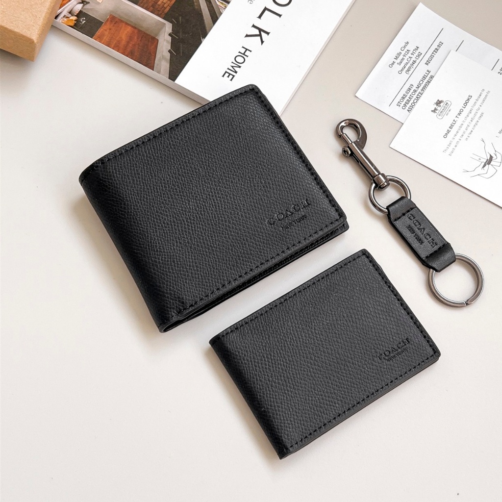 compact-id-wallet-f74974-กระเป๋าสตางค์ผู้ชาย-แท้-coac-h-กระเป๋าสตางค์สั้นหนังวัว-พับใส่บัตร-สีดำคลาสสิก
