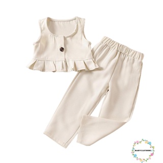 Babyclothes- ชุดเสื้อแขนกุด คอกลม แต่งระบาย และกางเกง สีพื้น แฟชั่นฤดูร้อน สําหรับเด็กผู้หญิง 2 ชิ้น