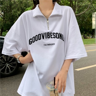 Dahong 💖เสื้อยืดแฟชั่นไซส์ใหญ่ oversize เสื้อสาวอวบ  แต่งซิปครึ่ง 2434