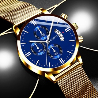 นาฬิกาข้อมือควอตซ์ หน้าปัดบอกปฏิทิน สายตาข่ายจําลอง สไตล์นักธุรกิจ แฟชั่นสําหรับผู้ชาย