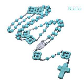 Blala สร้อยคอ ลูกปัดเทอร์ควอยซ์ สีฟ้า สวดมนต์ ไม้กางเขน จี้คาทอลิก เครื่องประดับทําสมาธิทางศาสนา ผู้หญิง
