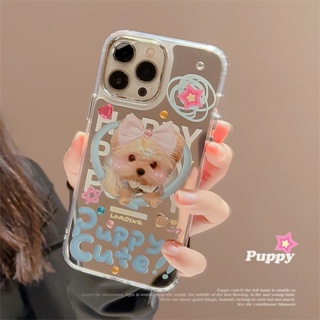 เคสโทรศัพท์มือถือ ลายการ์ตูนลูกสุนัขน่ารัก ประดับเพชร พร้อมกระจก สําหรับ Apple iPhone 13 12 PROMAX XS 13 PROPHONE 14 78 PLUS 14 PROMAX 14 12 MINI