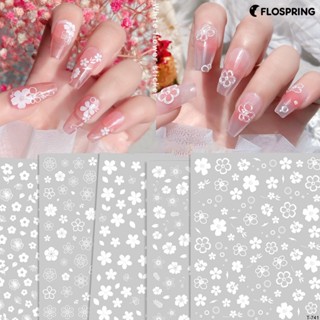 Flospring สติกเกอร์ ลายดอกไม้ 2D มีกาวในตัว บางมาก สีขาว สําหรับติดตกแต่งเล็บ