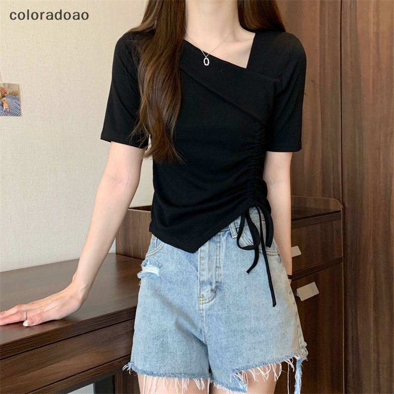 crd-เสื้อครอปท็อป-แขนสั้น-แบบผูกเชือก-ทรงไม่สมมาตร-แฟชั่นฤดูร้อน-สําหรับผู้หญิง-zxh