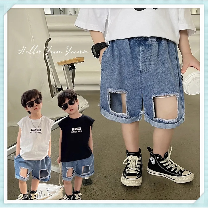 กางเกงขาสั้นฤดูร้อนของเด็กผู้ชาย-2023-ใหม่อินเทรนด์สไตล์ต่างประเทศเด็กหล่อสบายๆกางเกงยีนส์ขาด-เสื้อผ้าเด็กผู้ชาย