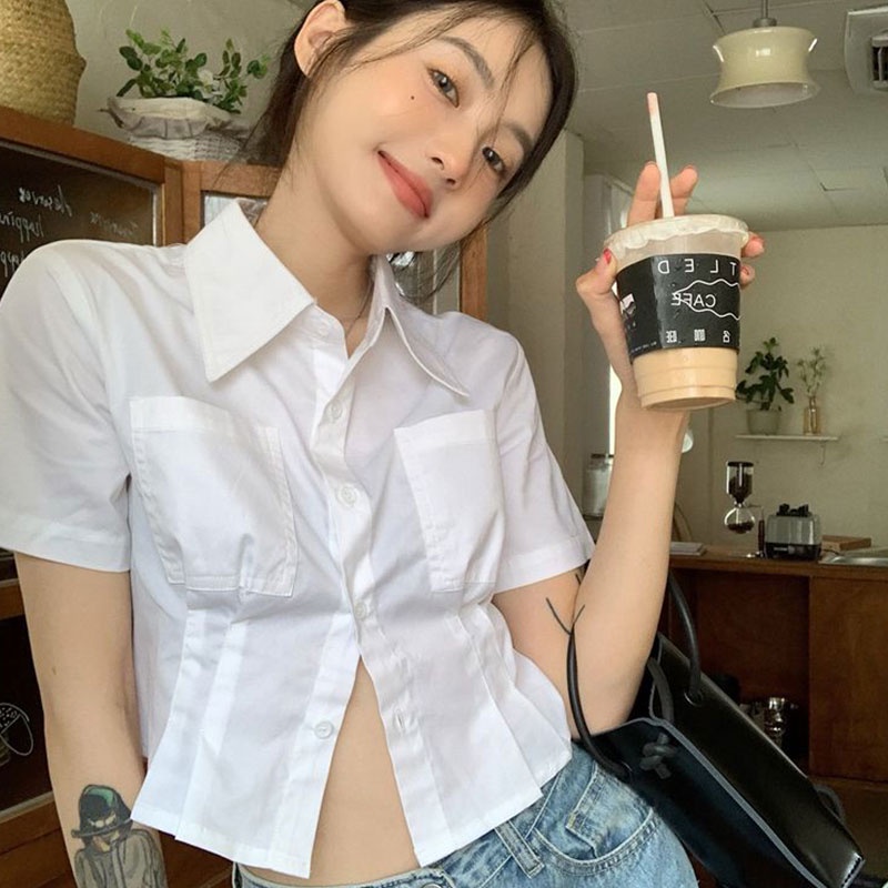 เสื้อเชิ้ตแขนสั้น-สีขาว-vintage-สําหรับผู้หญิง-เข้ากับทุกการแต่งกาย-แบบเรียบง่าย-มีบริการเก็บปลายทาง