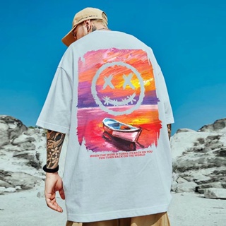 S-8XL Oversize Hong Kong trend brand national tide sunset smiling face short-sleeved T-shirt men and women trend lo_01