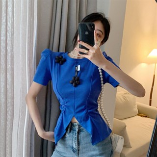 N-Yoda เสื้อยืดแขนสั้น แขนพัฟ แต่งผ่าข้าง ทรงไม่สม่ําเสมอ สไตล์เกาหลี