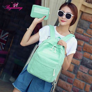 ✿ เริ่มต้น ✿ #B กระเป๋าเป้ผ้าใบ สะพายหลัง พิมพ์ลายทาง เรืองแสง สไตล์ Preppy สําหรับผู้หญิง ✿