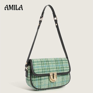 AMILA กระเป๋าสะพายข้างผู้หญิง กระเป๋าสะพายใต้วงแขนข้างเดียวผ้าขนสัตว์ลายสก็อตสีเขียวเรียบง่าย