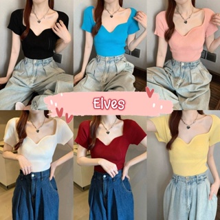 Elves✨พร้อมส่ง✨ เสื้อไหมพรมแขนสั้น คอวีรัดรูปใส่สบายผ้าร่อง ~5972-1~ -C