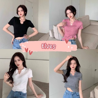 Elves✨พร้อมส่ง✨  เสื้อไหมพรมแขนสั้น คอเว้าวีเล็กๆน่ารักใส่สบายมาก ~40017~ -C