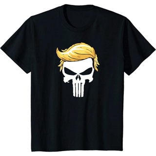 Look Me Store เสื้อยืดดำ เสื้อยืดผ้าฝ้ายแท้ พิมพ์ลายหัวกะโหลก Trump Hair president คุณภาพสูงS-5XL
