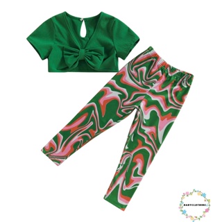 Babyclothes- ชุดเสื้อครอปแขนสั้น คอวี ลายทาง และกางเกงขายาว พิมพ์ลายกราฟฟิติ สีพื้น สําหรับเด็กผู้หญิง 2 ชิ้น