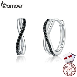 Bamoer Real 925 Sterling Silver Black CZ Cross Hoop Earrings for Women Wedding Statement Jewelry Ear Hoops 2020 Jewelry BSE399