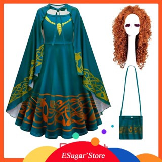 ชุดเดรสคอสเพลย์ Disney Princess Merida BRAVE สีเขียวเข้ม สไตล์วินเทจ พร้อมกระเป๋าใส่วิกผม สําหรับเด็กผู้หญิง