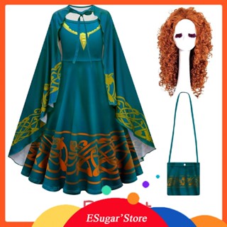 ชุดเดรสคอสเพลย์ Disney Princess Merida BRAVE สีเขียวเข้ม สไตล์วินเทจ พร้อมกระเป๋าใส่วิกผม สําหรับเด็กผู้หญิง