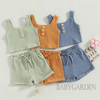 Babygarden-6 เดือน -4 ปี ชุดเสื้อผ้าเด็กผู้หญิง ฤดูร้อน, เสื้อกั๊กกระดุม สีพื้น + กางเกงขาสั้น แบบผูกเชือก