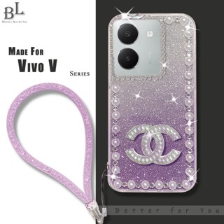 เคส Vivo Y36 Y22S Y02 Y16 Y22 Y35 Y02S Y21 Y33S Y33T Y2S Y21T Y20S Y20i Y12a Y12S โทรศัพท์มือถือ ประดับมุก พลอยเทียม ไล่โทนสี พร้อมสายคล้องข้อมือ สําหรับ