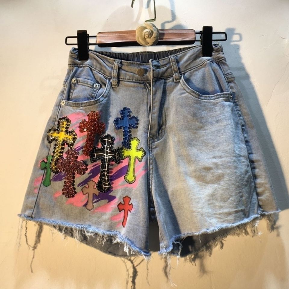 european-station-2021-summer-wear-european-new-heavy-industry-diamond-beaded-cross-high-waist-elastic-denim-shorts