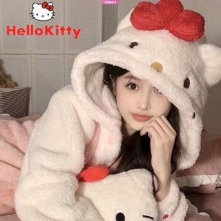 เสื้อแจ็กเก็ตคาร์ดิแกน มีฮู้ด ทรงหลวม ลายการ์ตูน Hello Kittys เหมาะกับของขวัญคริสต์มาส แฟชั่นฤดูหนาว สําหรับผู้หญิง