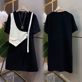 Large Size Womens Clothing Stylish Black and White Contrast Color Fashion Mid-length Dress Niche Design Stitching Short-sleeved Thin Dress for Women