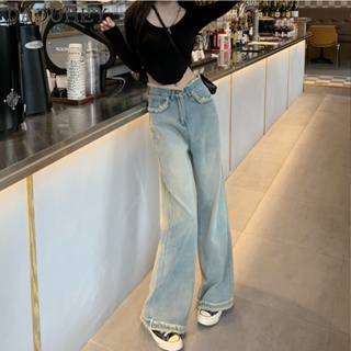 DaDuHey🎈 New Korean Style INS Retro Washed Jeans Raw Edge High Waist Women Wide-leg Pants Plus Size Casual Mop Pants