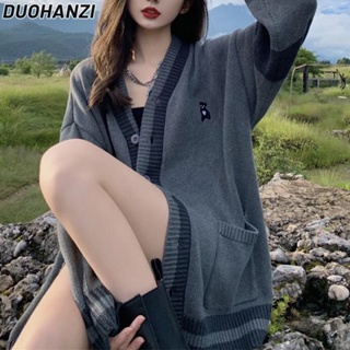 Duohanzi เสื้อกันหนาว คอกลม ผ้าถัก ทรงหลวม ลายตารางหมากรุก สไตล์เกาหลี ฮิปฮอป สําหรับผู้ชาย และผู้หญิง