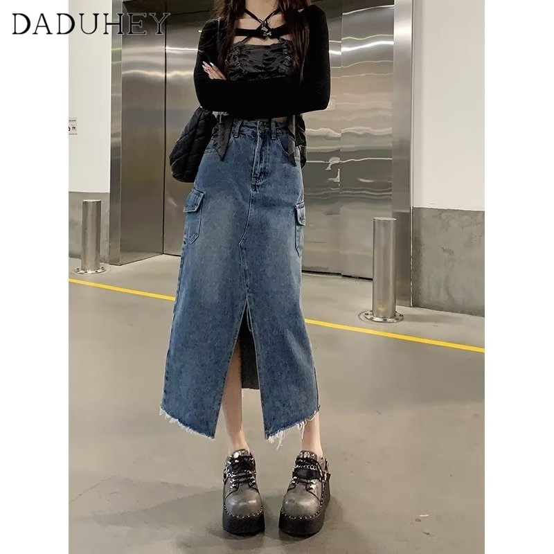 daduhey-new-korean-version-of-ins-denim-skirt-high-waist-slit-mid-length-skirt-with-raw-edges-showing-thin-a-line-skirt