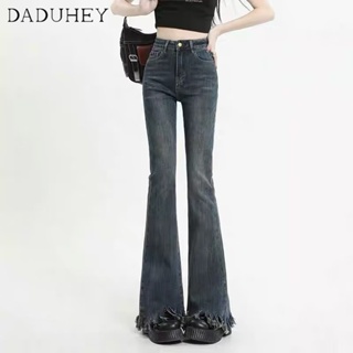 DaDuHey🎈 Women New Korean Style Ulzzang Micro Flared Jeans Niche High Waist Slim Raw Edge Trousers High Waist Slimming Mopping Slimming Pants